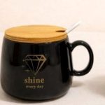 ماگ سرامیکی با درب بامبو و قاشق سرامیکی | Ceramic mug with bamboo lid and ceramic spoon  - تصویر 3