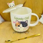 ماگ سرامیکی درب دار با قاشق فلزی | Ceramic mug with lid and metal spoon