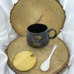 ماگ سرامیکی با درب بامبو و قاشق سرامیکی | Ceramic mug with bamboo lid and ceramic spoon 
