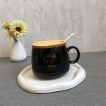 ماگ سرامیکی با درب بامبو و قاشق سرامیکی | Ceramic mug with bamboo lid and ceramic spoon  - تصویر 4